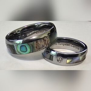 TUNGSTEN WEDDING BAND SET WITH MOTHER OF PEARL ABALONE INLAY